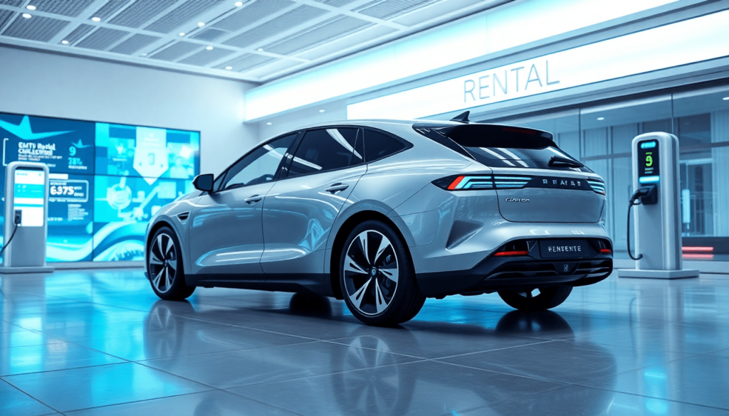 A sleek electric vehicle parked in front of a modern rental facility with digital screens and charging stations, highlighting innovation in the car...